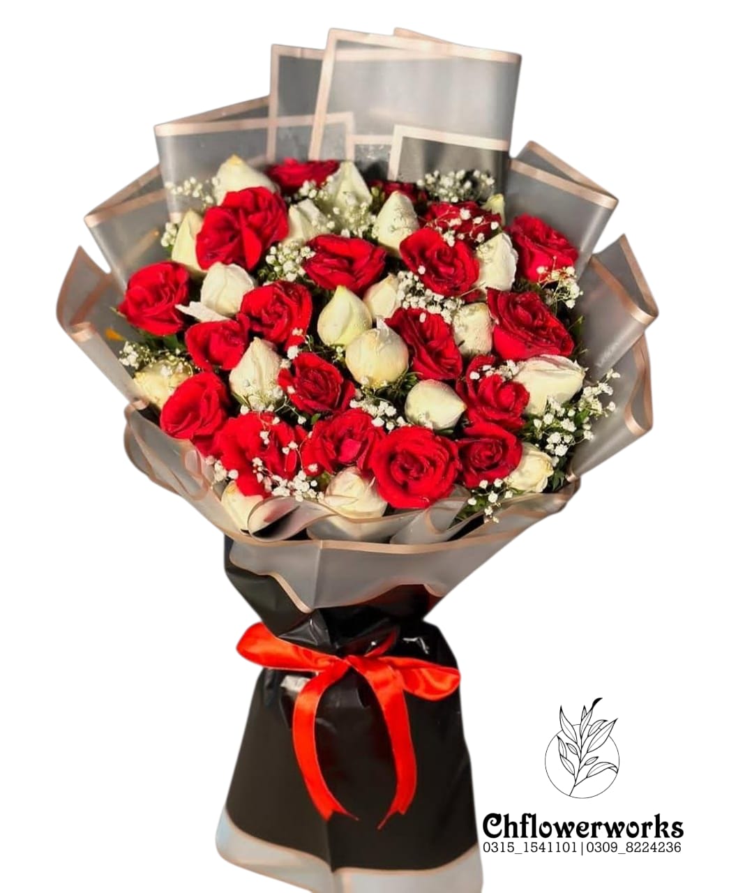 Scarlet Harmony" – Red & White Rose Bouquet