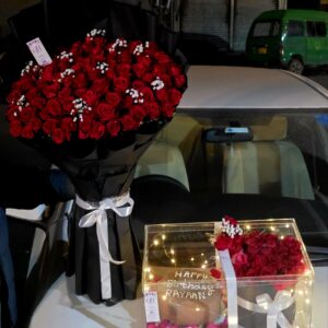Birthday Gift Combo – Red Roses Bouquet + Acrylic Cake Box| Flowers Delivery in Islamabad & Rawalpindi