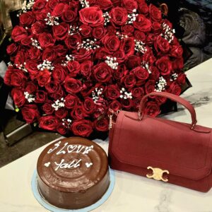 Red Romance Gift Set with 150 red roses bouquet, cake with I Love You, and premium gift bag – flowers delivery in Islamabad and Rawalpindi