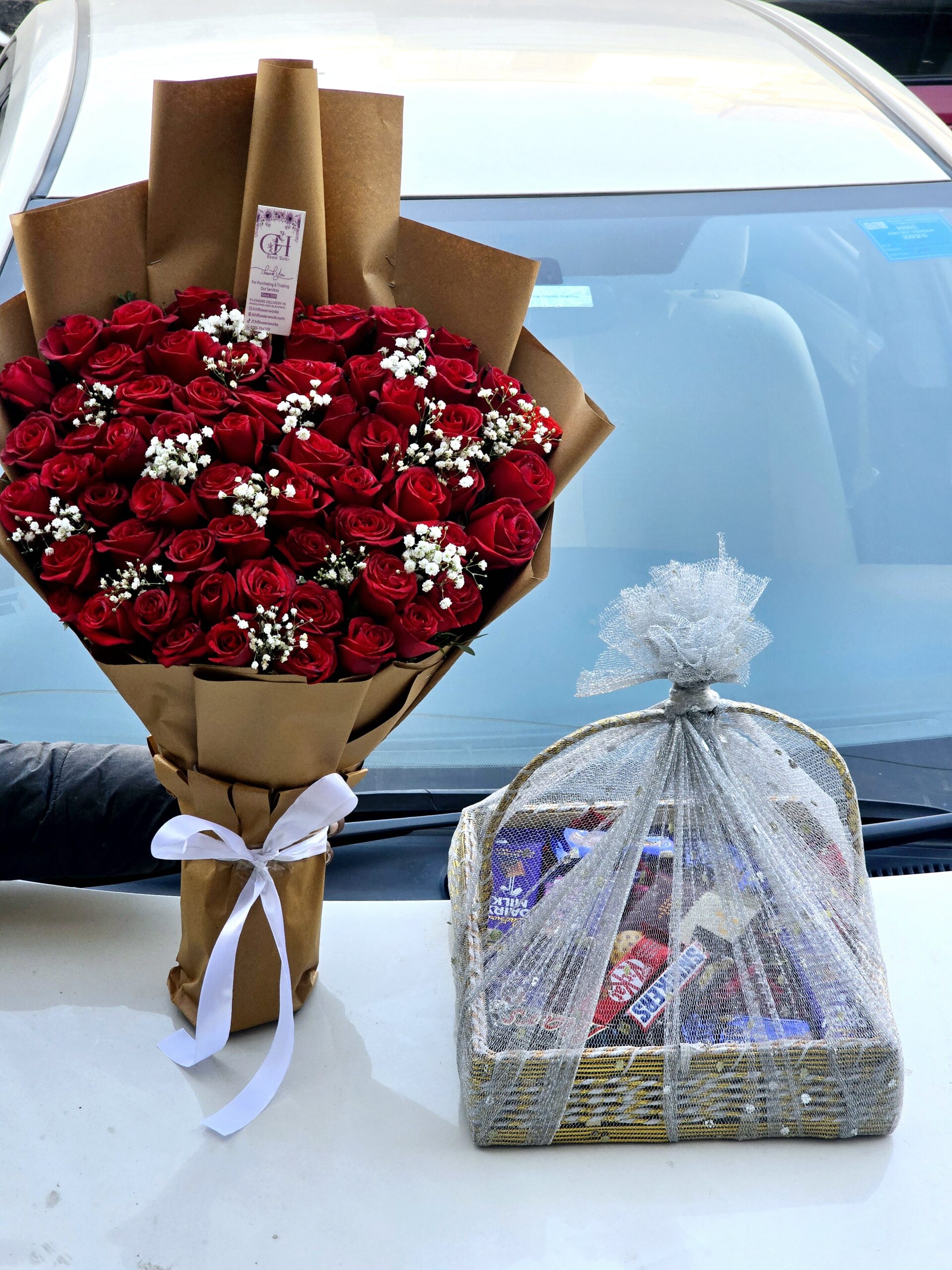 Red roses with chocolate basket Valentine gift delivery in Islamabad Rawalpindi