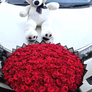 Same day flower delivery red roses bouquet with teddy